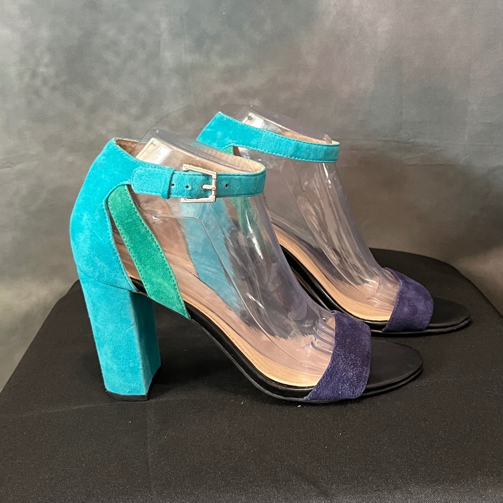 Botkier Gianna Colorblock Suede‎ Block Heel Sandals Turquoise Purple Green 8M